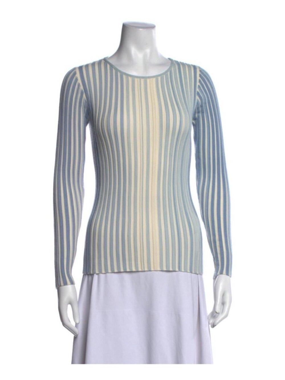 Akris Punto Authentic 100% Virgin Wool Ribbed Striped Sweater Top Blue Ivory 8 M